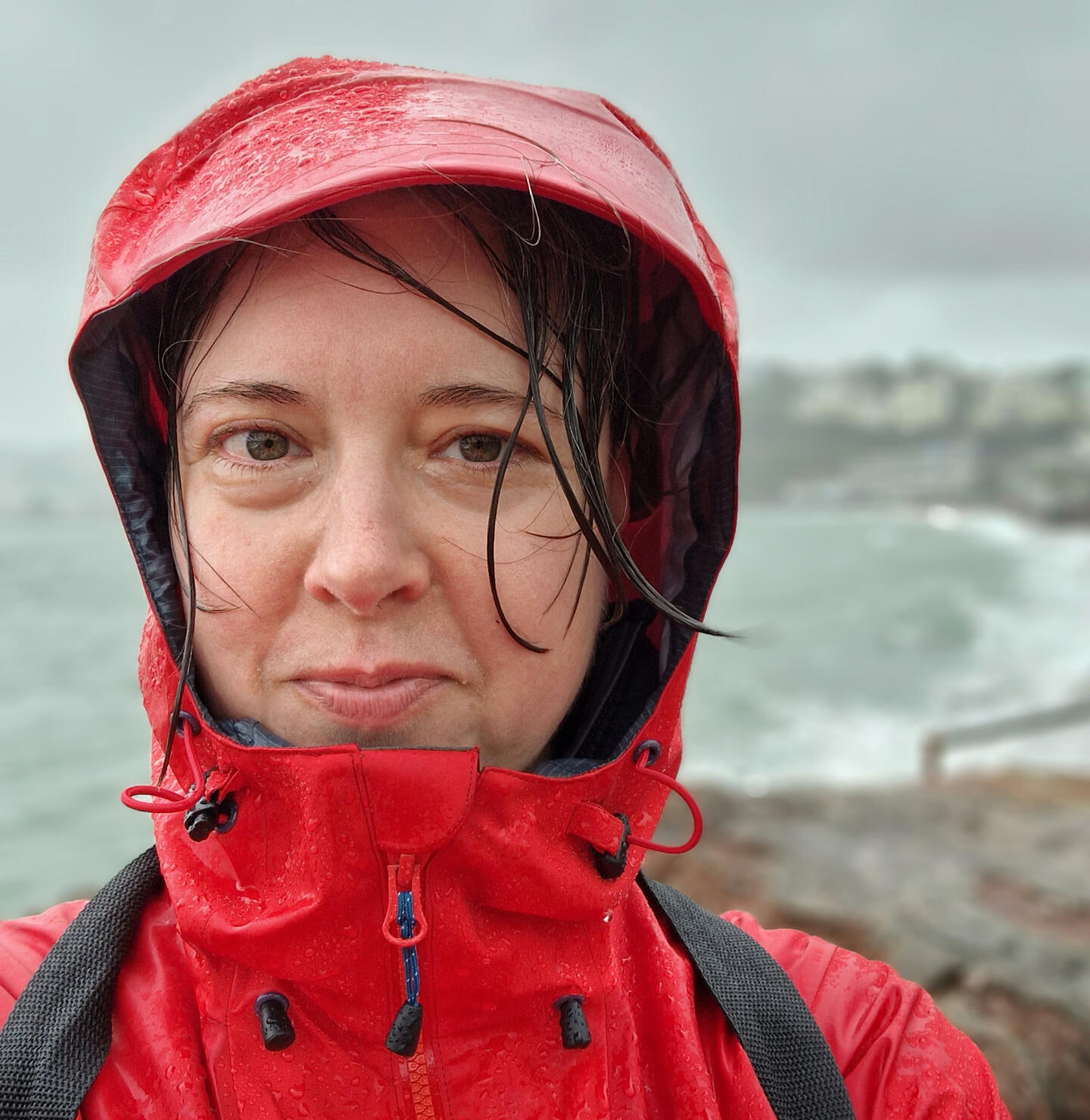 Head and shoulders selfie of a hazel eyed pale skinned white woman wearing a teal headband and outdoor gear. Ash grey hair is escaping from the headband